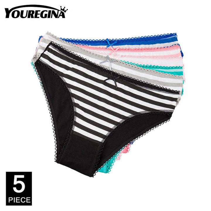 Cotton Panties for Woman Sexy Lace Underwear Briefs Set Lingerie Girls Ladies Bikini Underpants Striped Print knickers 5 Pcs/lot