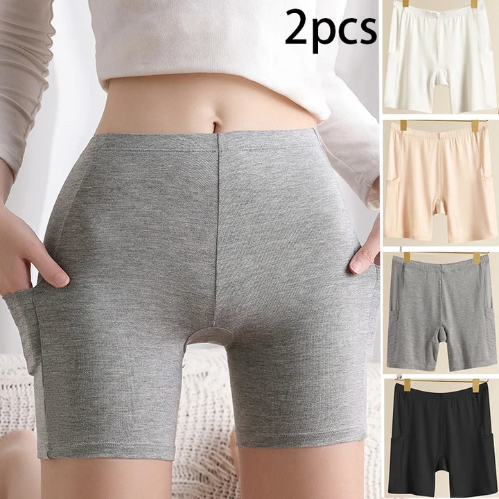 2pcs Women's Safety Pants Underwear Ice Silk High Waist Shorts Panties For Women Plus Size No Trace Leggings With pockets