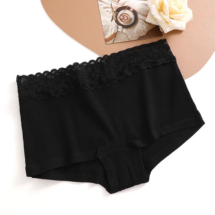 FINETOO Cotton Breathable Panties Patchwork Lace Panty Low Waisted  Underwear Skin Friendly Four shorts Women Flat Corner Pants