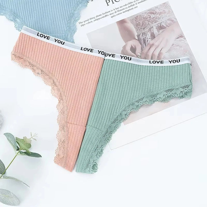 3Pcs/Lot Lace Thong Women's Tanga Low Waist Sexy Lingeries Cotton Panties Laides T Back Pants Girl's Underpants Underwear
