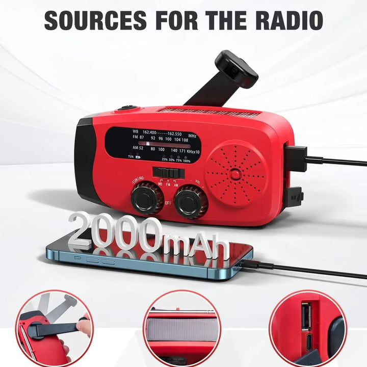 radio Emergency Solar Hand Crank Solar Radio with LED Flashlight for camp, AM/FM  Portable  Radio 2000mAh power bank Charging light
