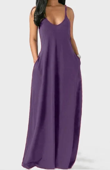 European and American Women's Cross border Summer New Product Solid Color Sexy Deep V Sling Dress