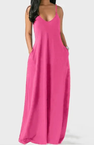 European and American Women's Cross border Summer New Product Solid Color Sexy Deep V Sling Dress