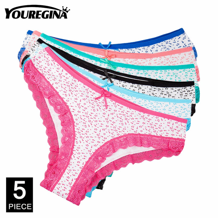Cotton Panties for Woman Sexy Lace Underwear Briefs Set Lingerie Girls Ladies Bikini Underpants Striped Print knickers 5 Pcs/lot