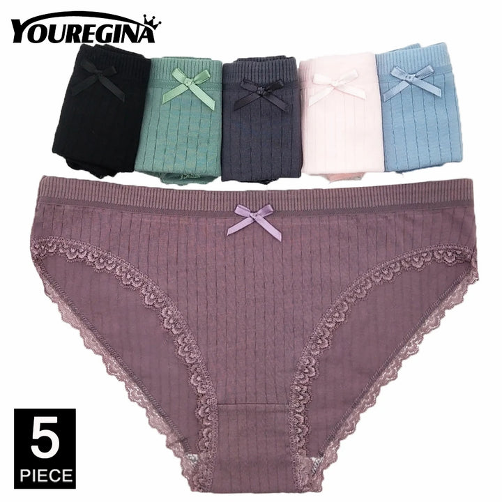 Cotton Panties for Woman Sexy Lace Underwear Briefs Set Lingerie Girls Ladies Bikini Underpants Striped Print knickers 5 Pcs/lot