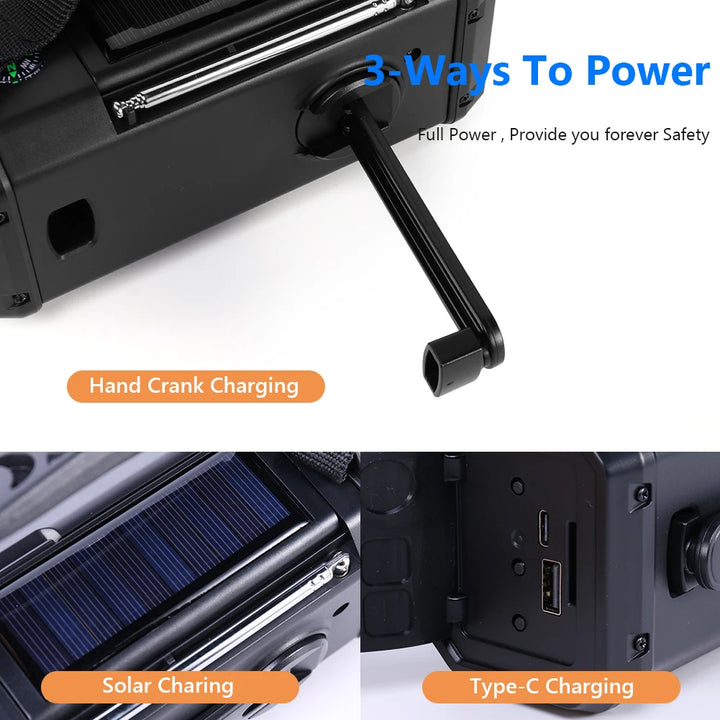 radio Solar Powered AM FM Weather Radio SOS Alarm Type-C Charging Emergency Weather Radio with LED Flashlight Reading Lamp for Camping